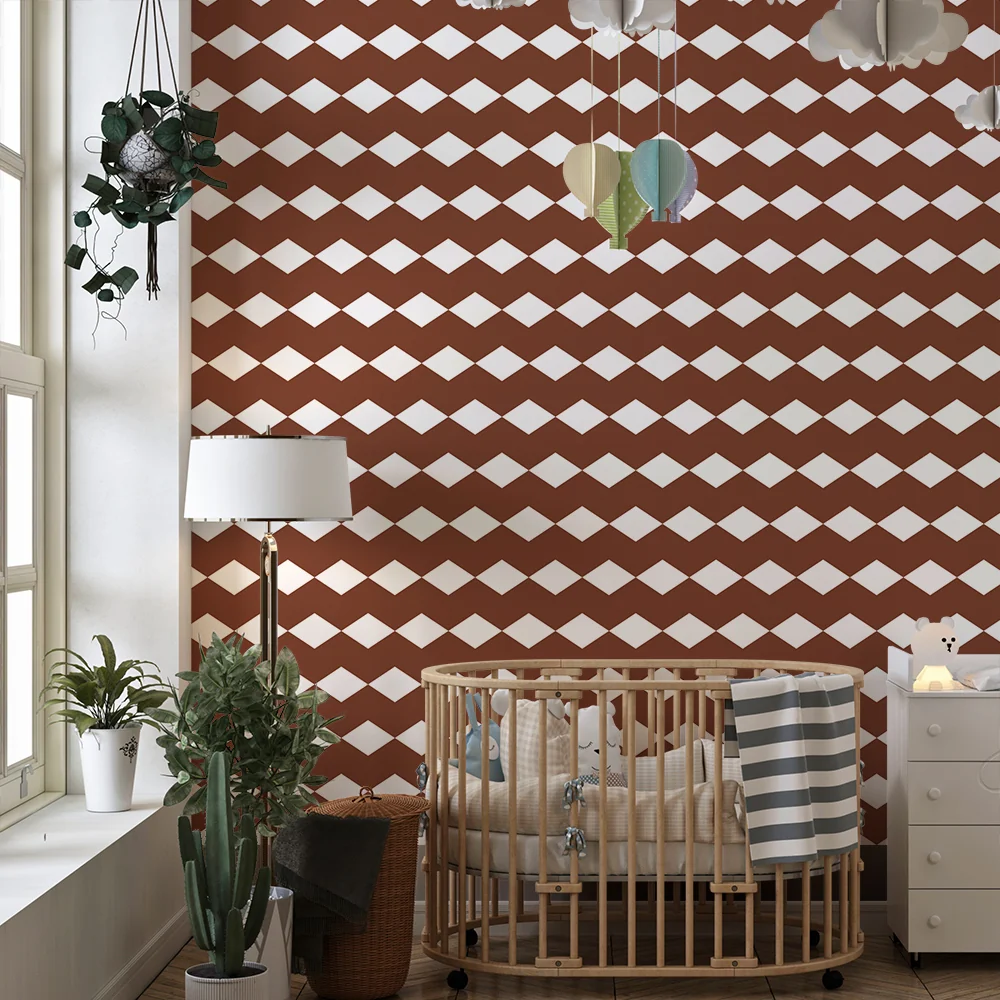 Nursery room wallpaper | Brown and white diamond pattern