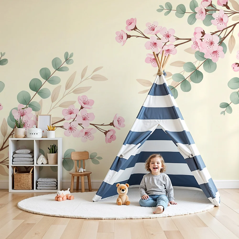 Nursery room wallpaper | Cherry blossoms and eucalyptus