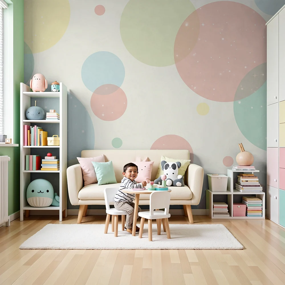 Nursery room wallpaper | Colorful bubbles and bursts light on soft background