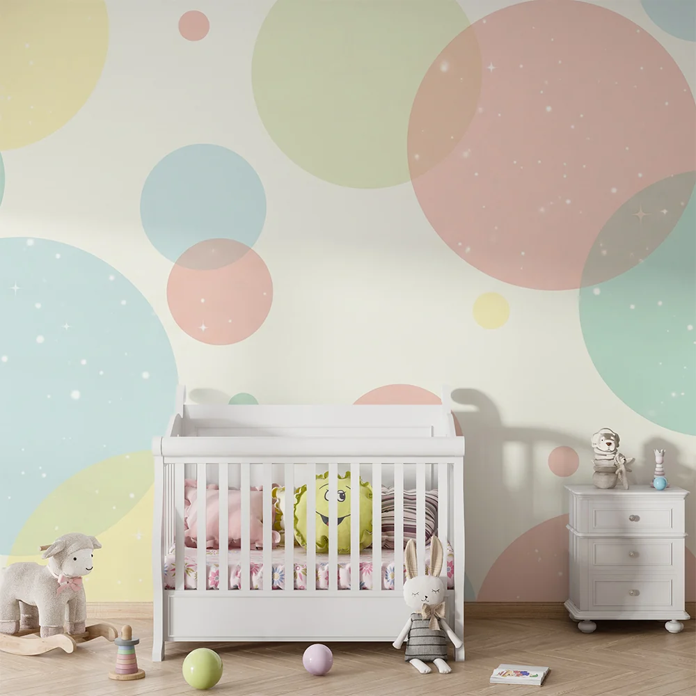 Nursery room wallpaper | Colorful bubbles and bursts light on soft background
