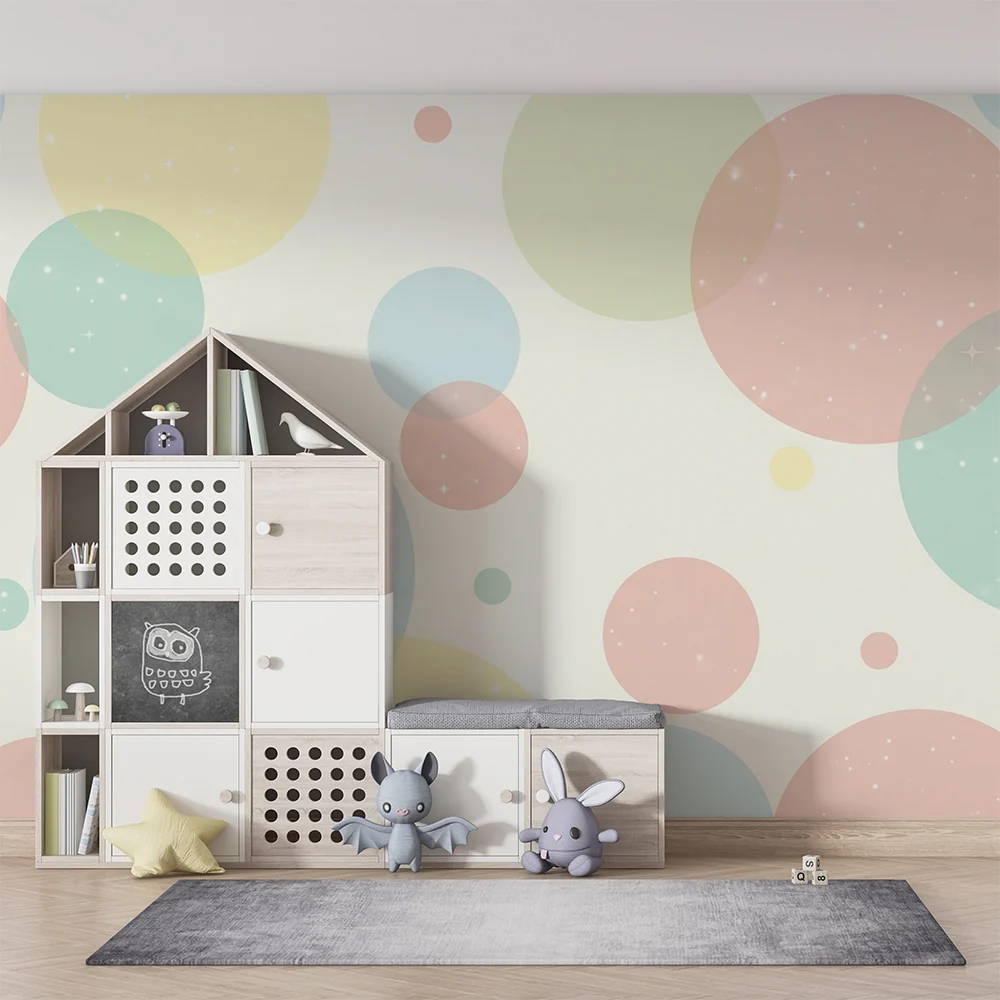 Nursery room wallpaper | Colorful bubbles and bursts light on soft background