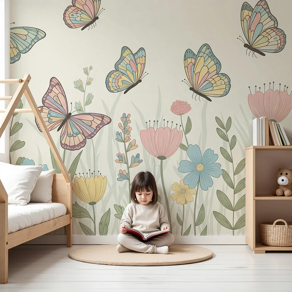 Nursery room wallpaper | Colorful butterflies and delicate flowers enchanted garden