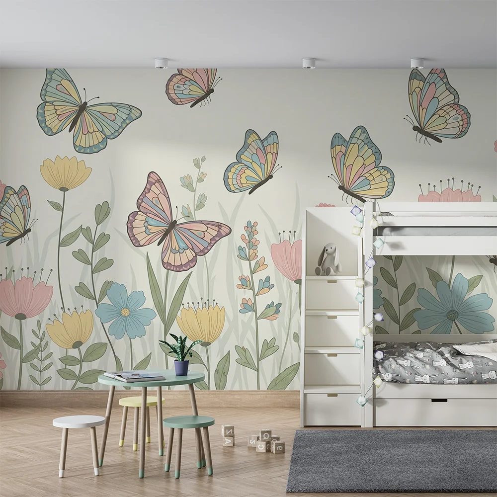 Nursery room wallpaper | Colorful butterflies and delicate flowers enchanted garden