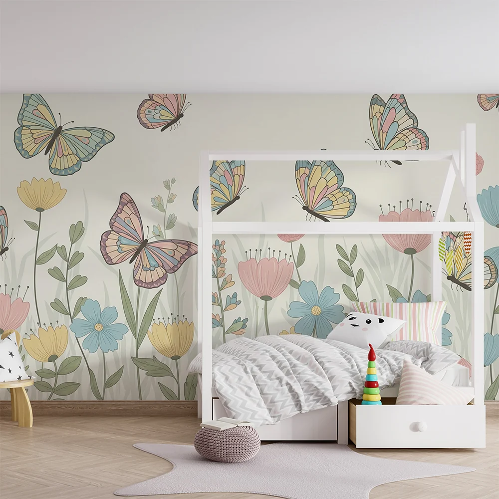 Nursery room wallpaper | Colorful butterflies and delicate flowers enchanted garden