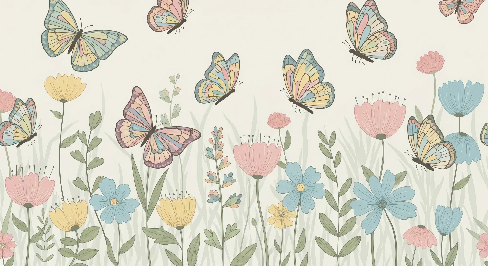 Nursery room wallpaper | Colorful butterflies and delicate flowers enchanted garden