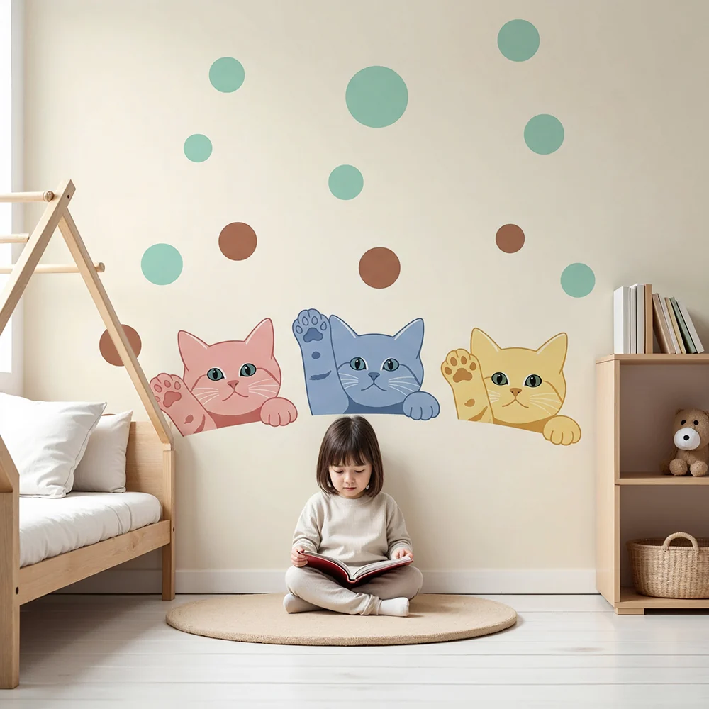 Nursery room wallpaper | Colorful cats and playful bubbles on soft background
