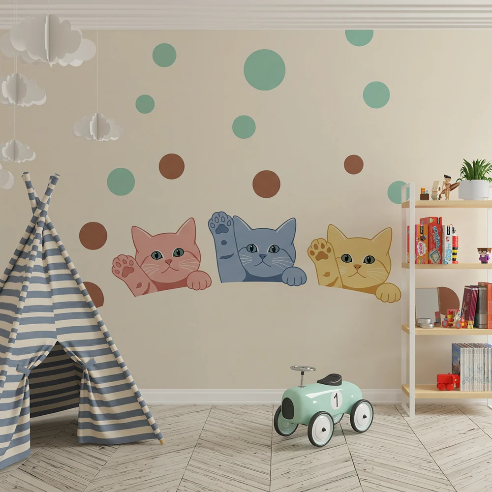 Nursery room wallpaper | Colorful cats and playful bubbles on soft background