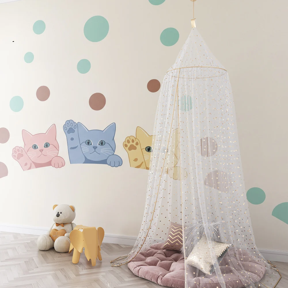 Nursery room wallpaper | Colorful cats and playful bubbles on soft background