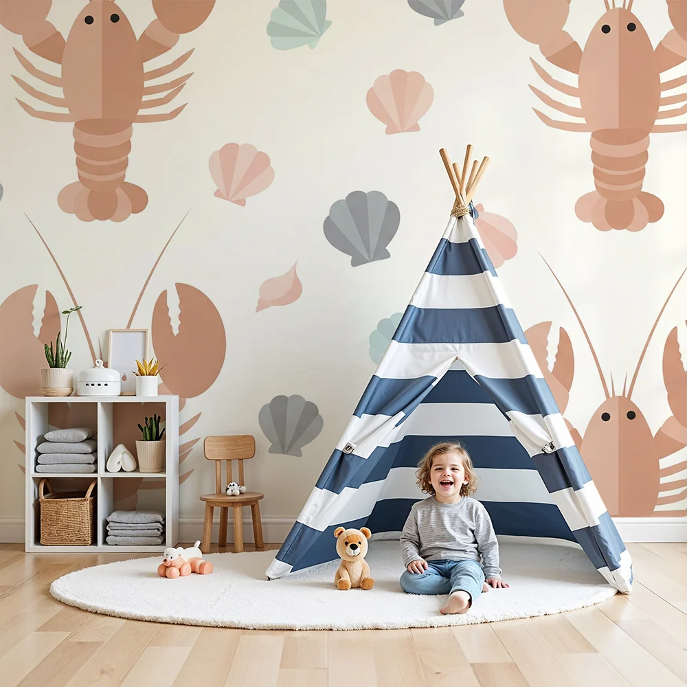Nursery room wallpaper | Colorful crabs and shells marine atmosphere