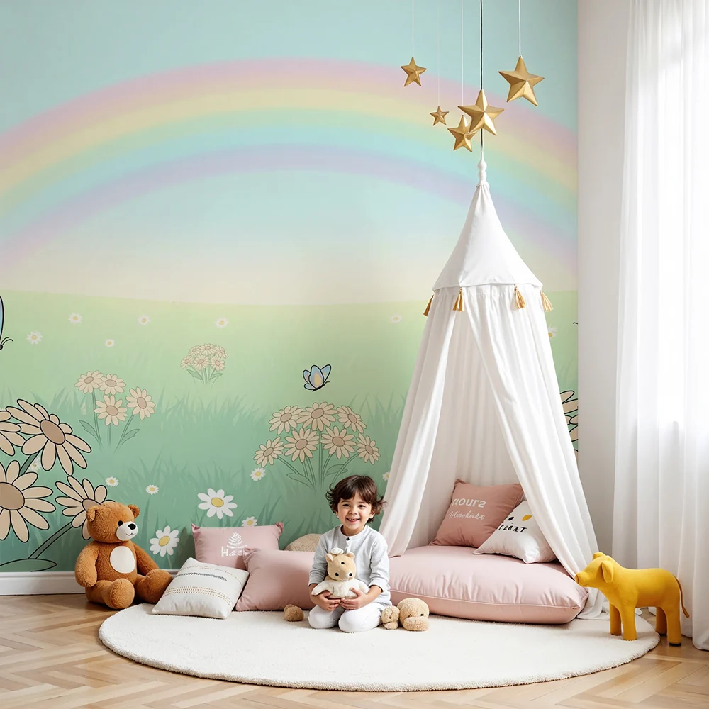 Nursery room wallpaper | Colorful fields flowers and butterflies