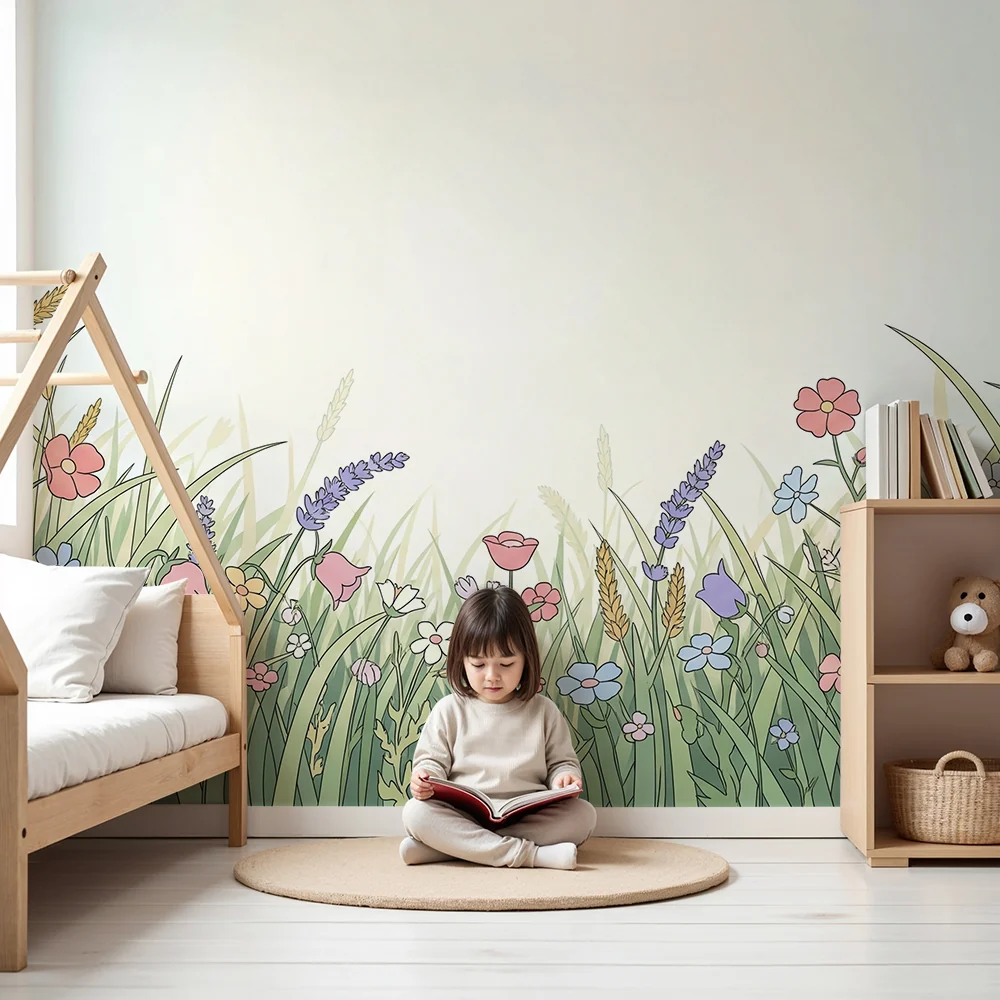 Nursery room wallpaper | Colorful flower field and soft herbs