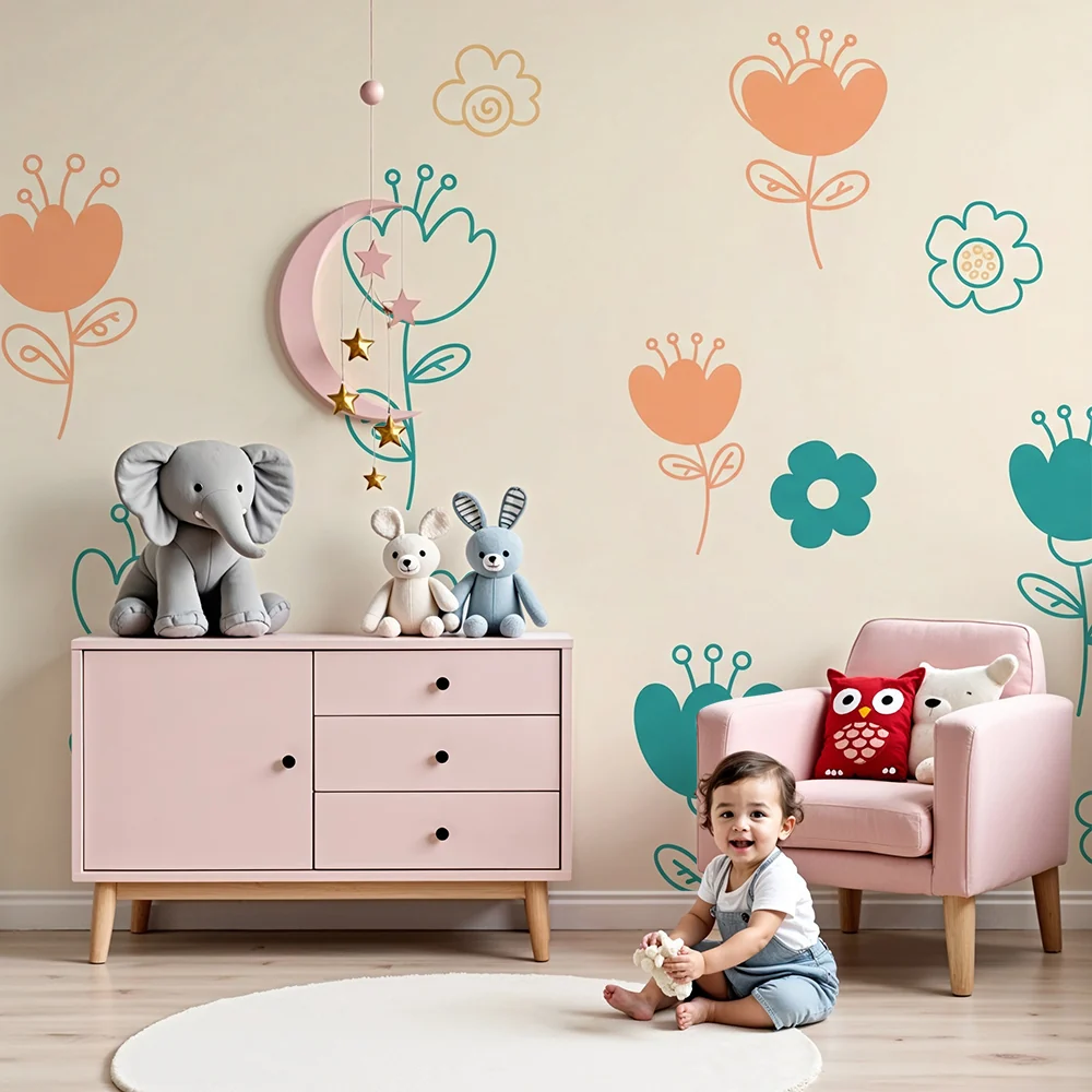 Nursery room wallpaper | Colorful flowers and soft patterns