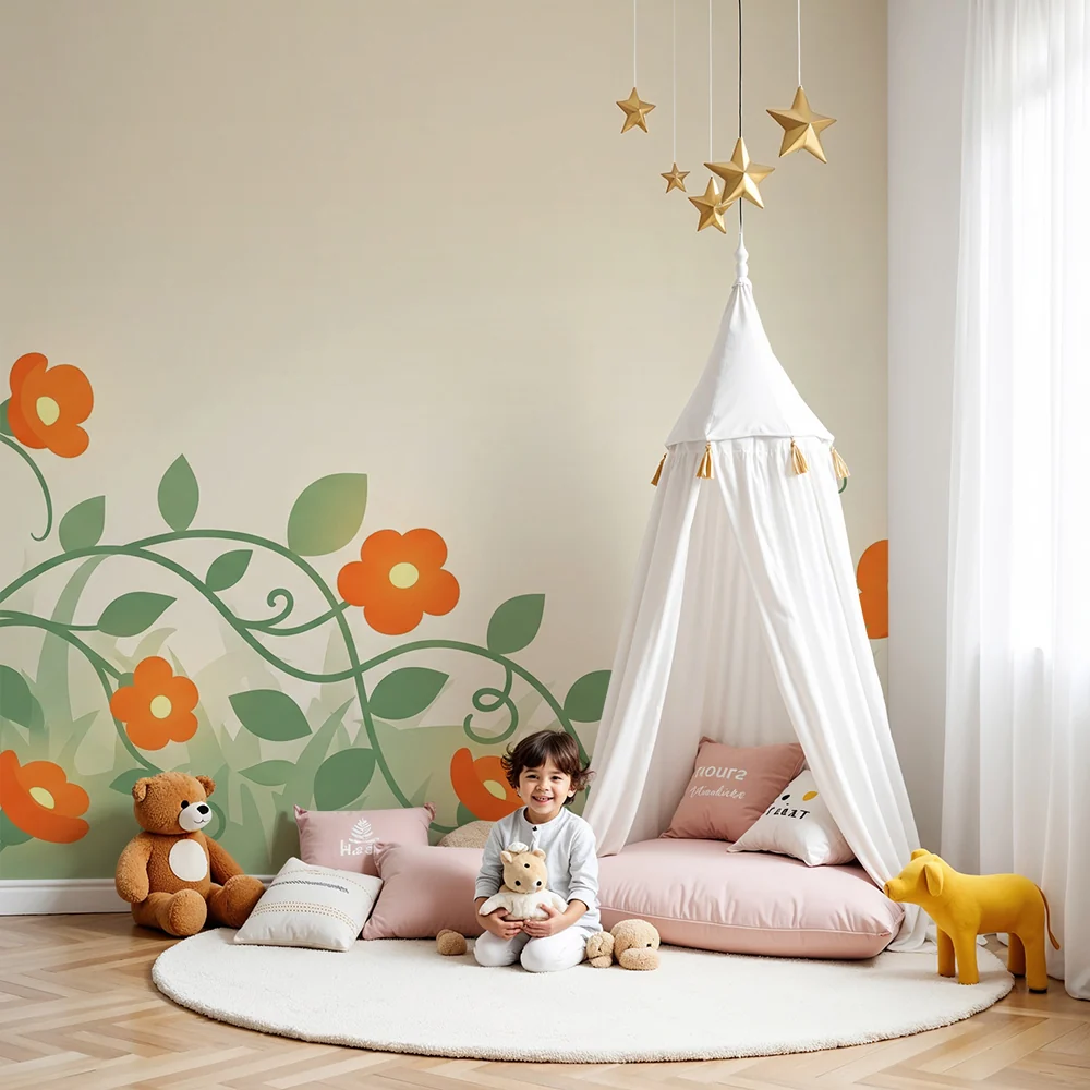 Nursery room wallpaper | Colorful flowers and soft foliage