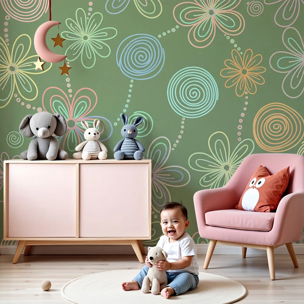 Nursery room wallpaper | Colorful flowers and swirls