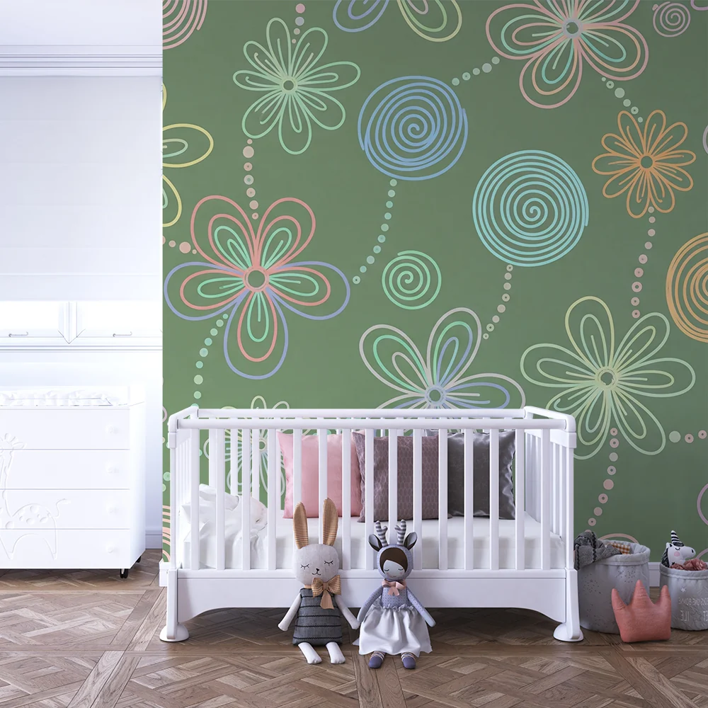 Nursery room wallpaper | Colorful flowers and swirls