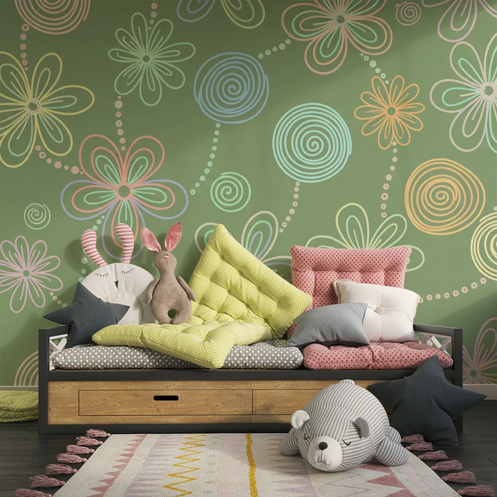 Nursery room wallpaper | Colorful flowers and swirls