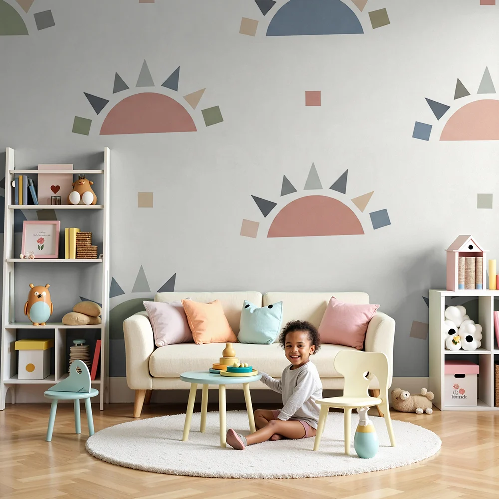 Nursery room wallpaper | Colorful and geometric sun motifs