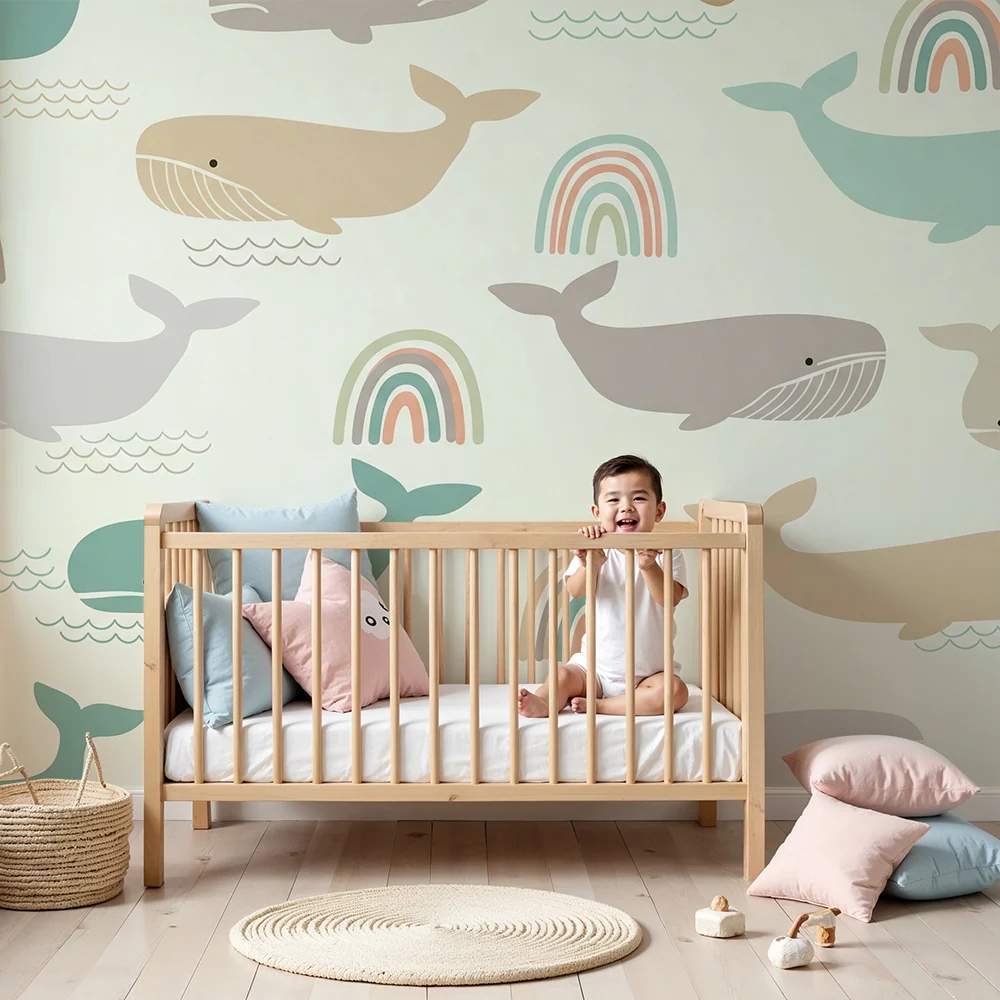 Nursery room wallpaper | Colorful whale and rainbow patterns