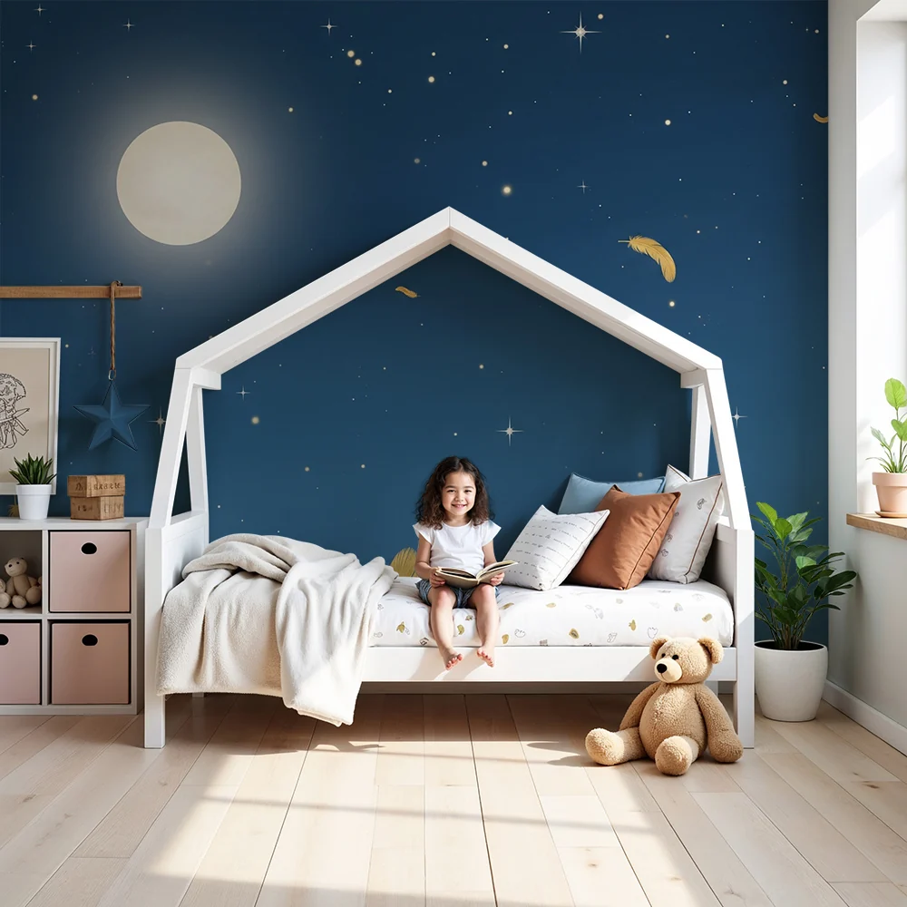 Nursery room wallpaper | Csillagok és arany tollak esője hold alatt