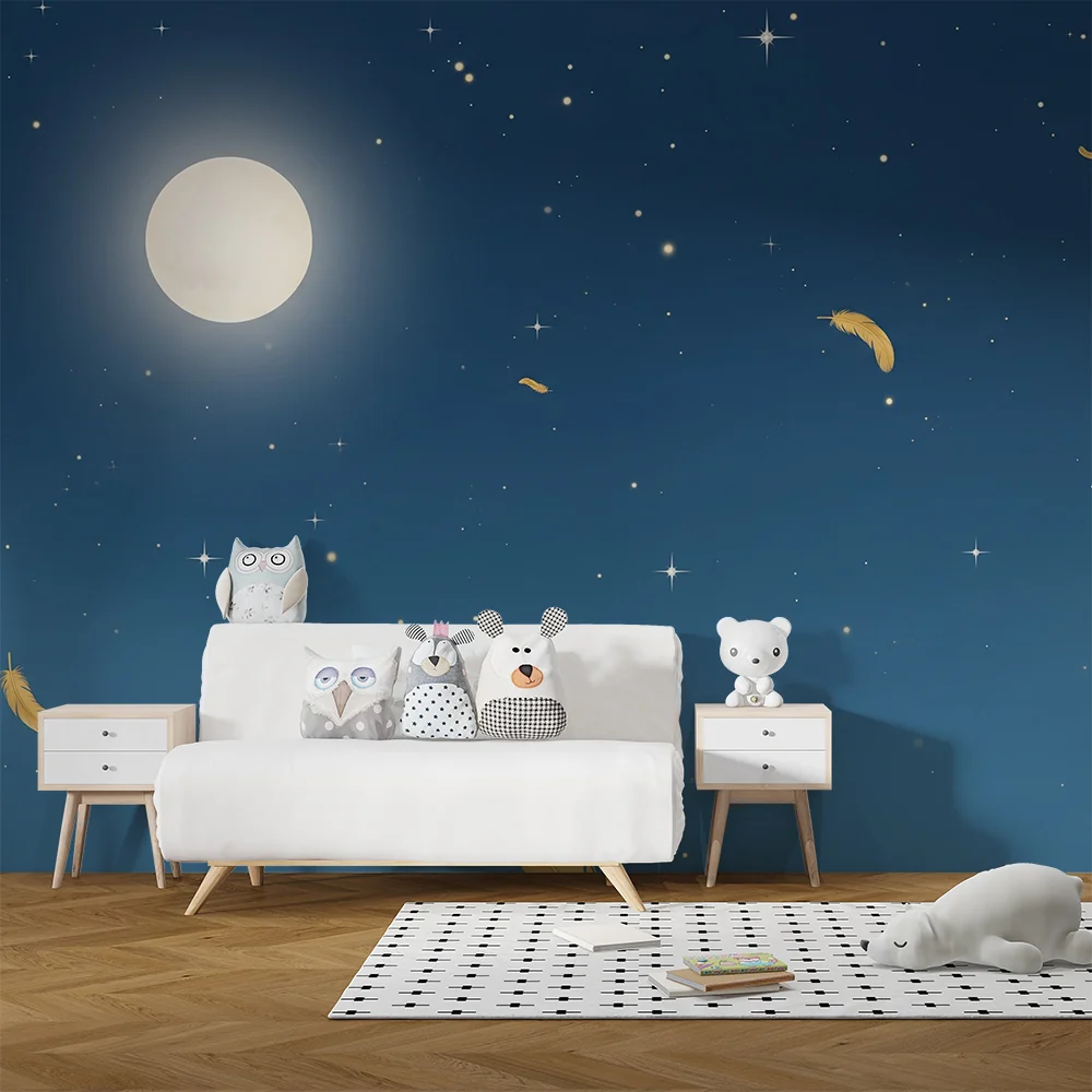 Nursery room wallpaper | Csillagok és arany tollak esője hold alatt