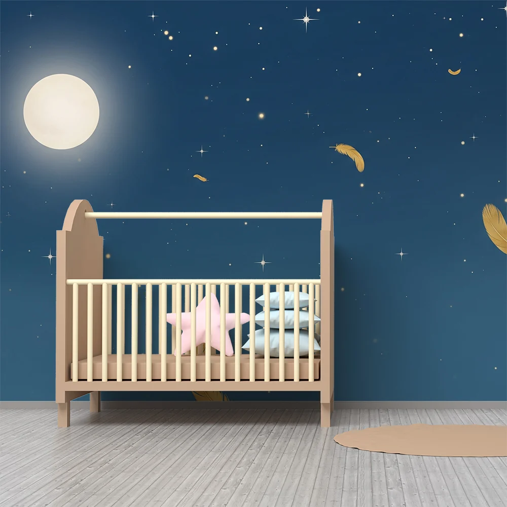 Nursery room wallpaper | Csillagok és arany tollak esője hold alatt