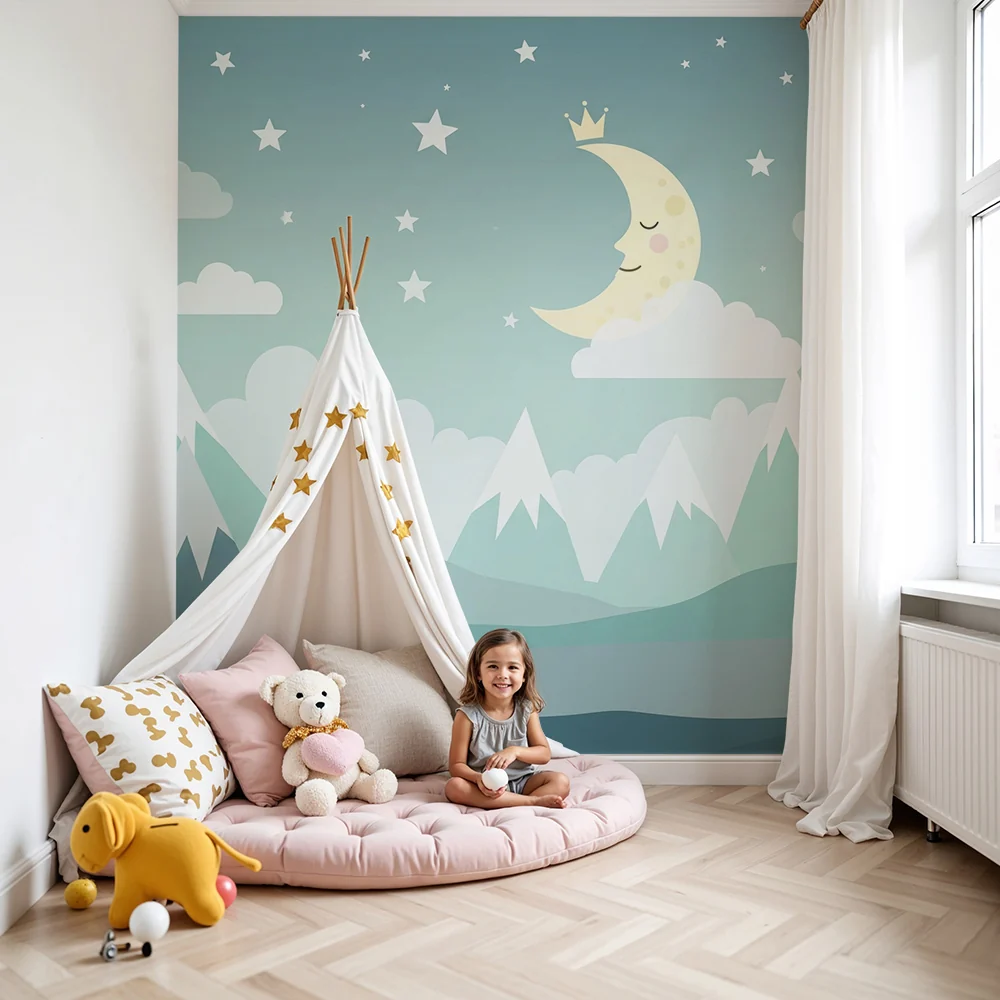 Nursery room wallpaper | Csillagos hegyek és mosolygó hold