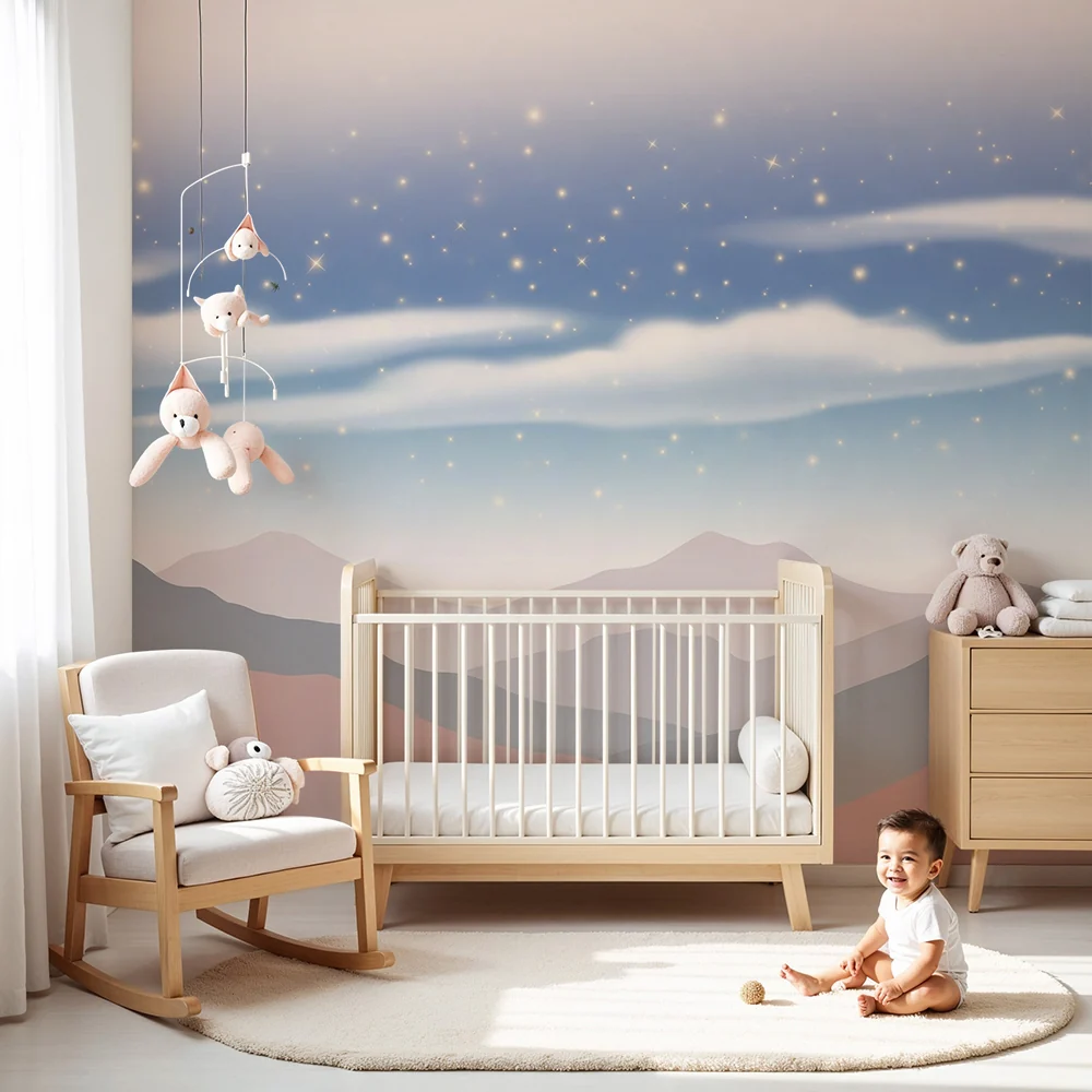Nursery room wallpaper | Csillagos hegyvidéki tájkép puha felhőkkel