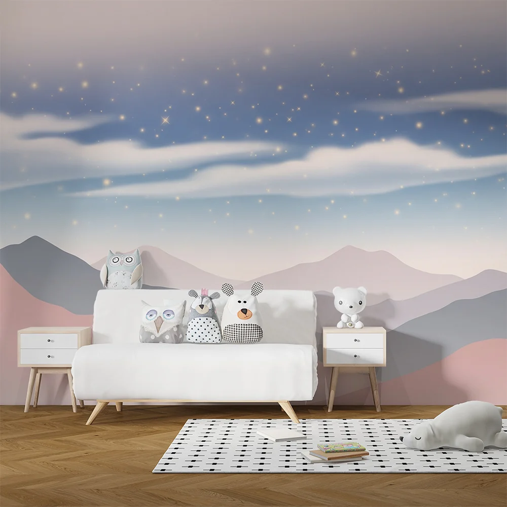 Nursery room wallpaper | Csillagos hegyvidéki tájkép puha felhőkkel