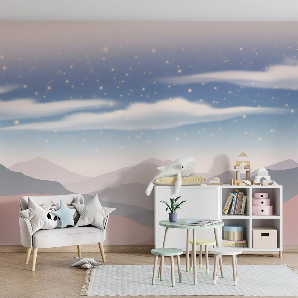 Nursery room wallpaper | Csillagos hegyvidéki tájkép puha felhőkkel