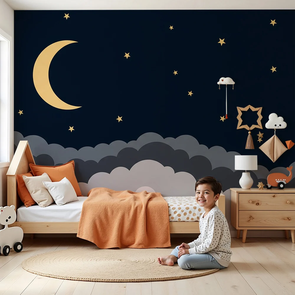 Nursery room wallpaper | Csillagos ég hold és puha felhőkkel
