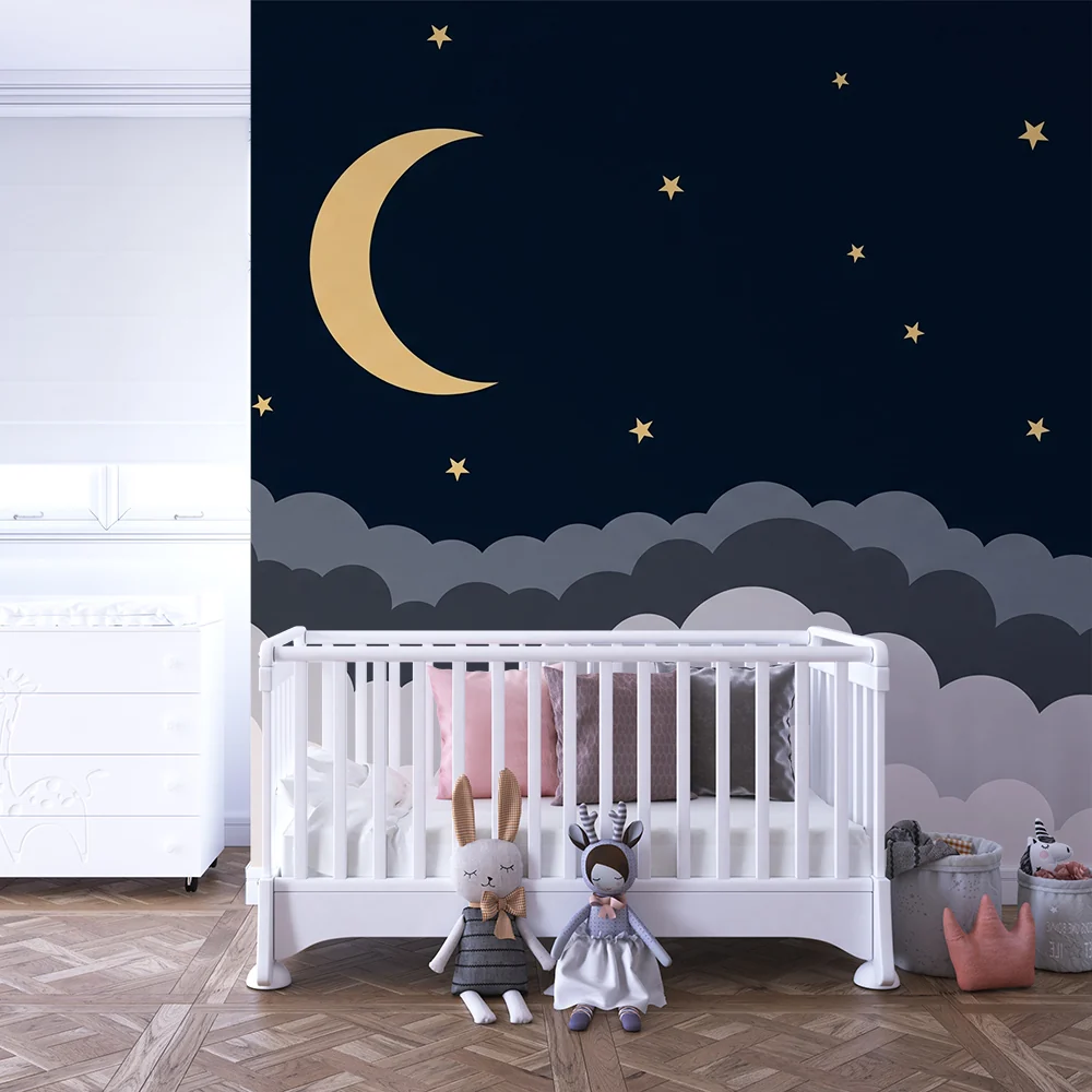 Nursery room wallpaper | Csillagos ég hold és puha felhőkkel