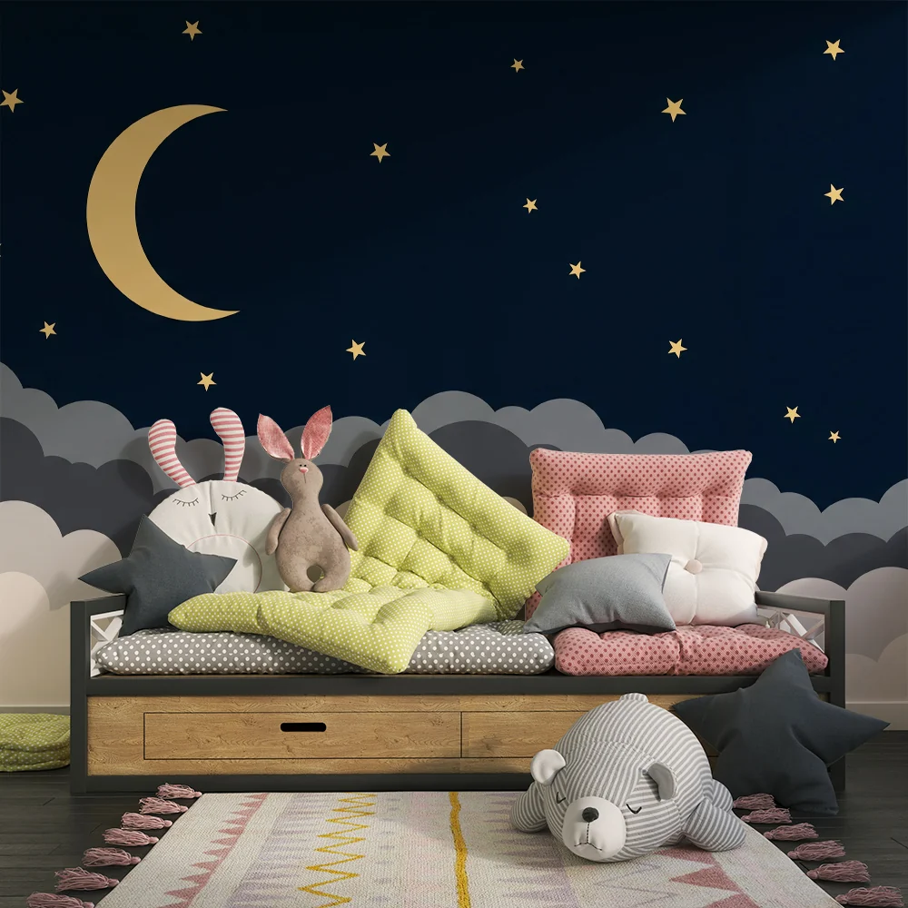 Nursery room wallpaper | Csillagos ég hold és puha felhőkkel