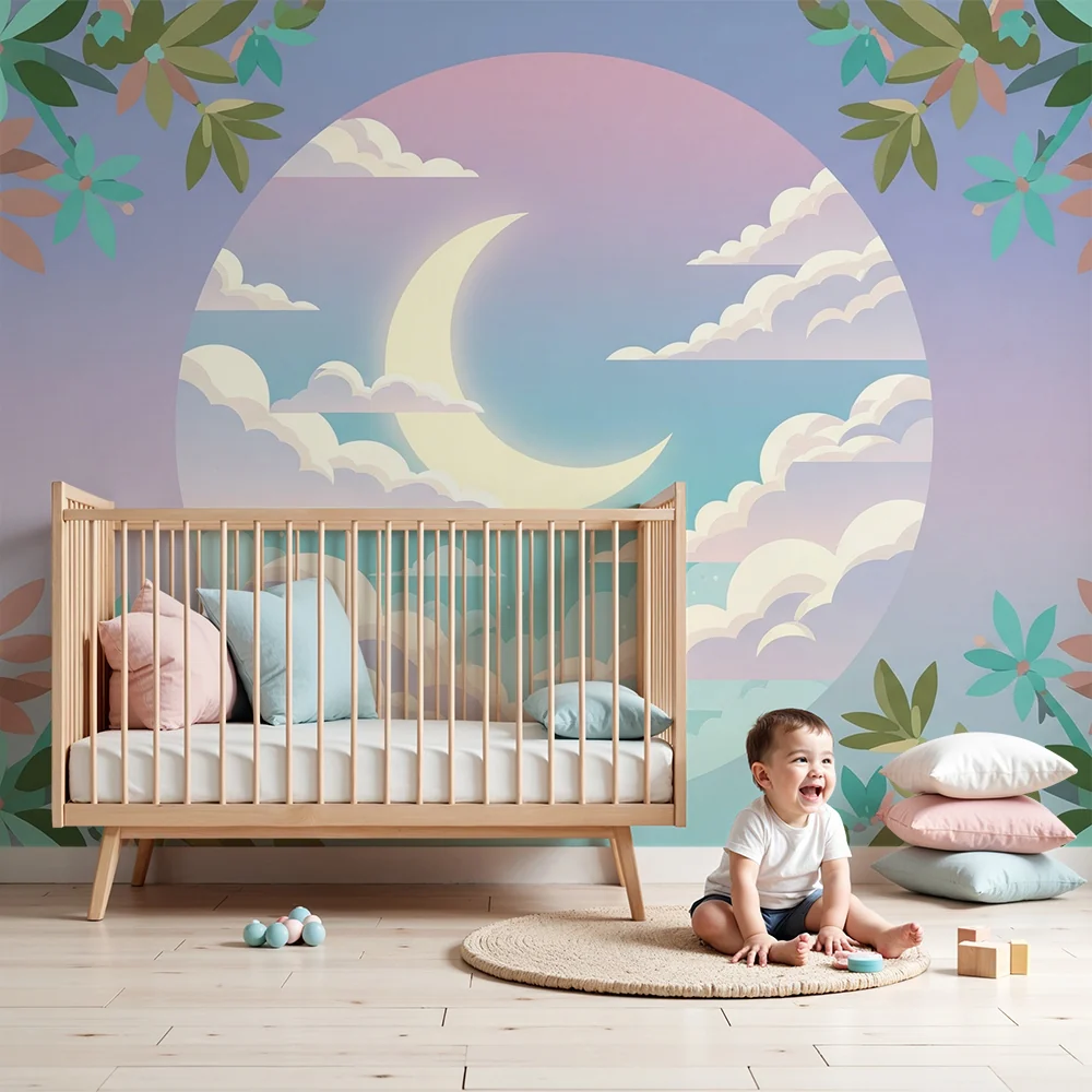 Nursery room wallpaper | Csillagos ég hold és puha felhőkkel
