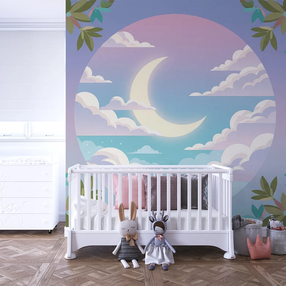 Nursery room wallpaper | Csillagos ég hold és puha felhőkkel
