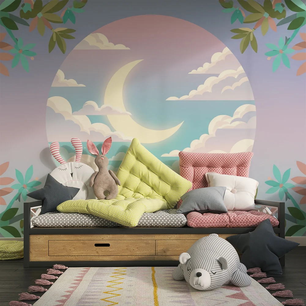 Nursery room wallpaper | Csillagos ég hold és puha felhőkkel