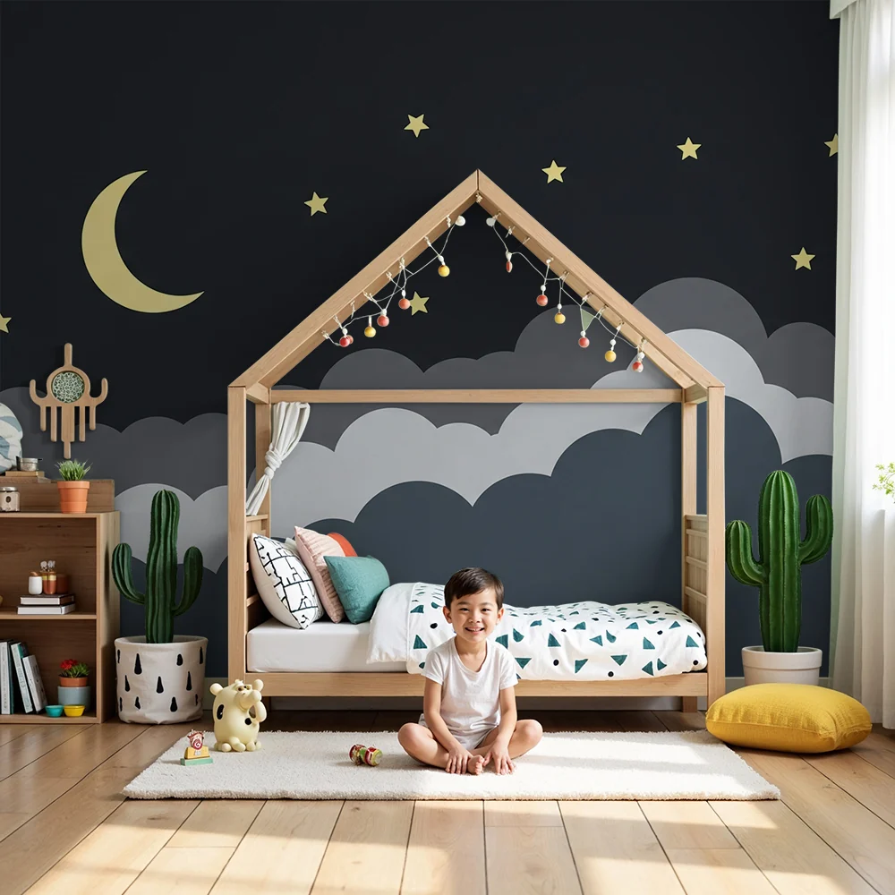 Nursery room wallpaper | Csillagos éjszaka hold és puha felhőkkel
