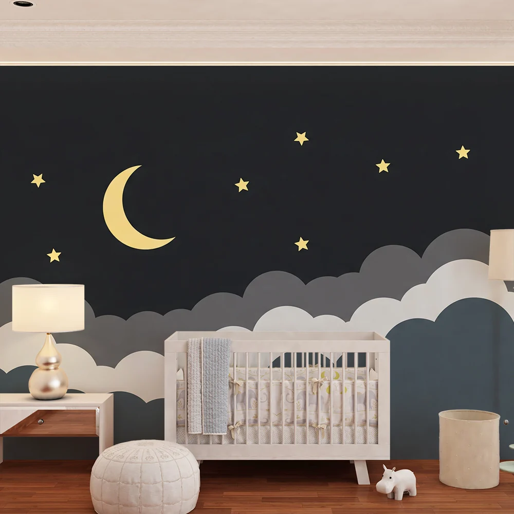 Nursery room wallpaper | Csillagos éjszaka hold és puha felhőkkel