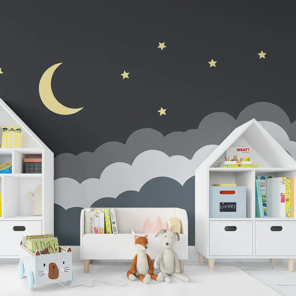Nursery room wallpaper | Csillagos éjszaka hold és puha felhőkkel