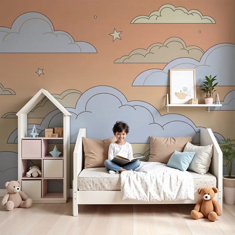 Nursery room wallpaper | Csillagos ég és lágy pasztell felhők
