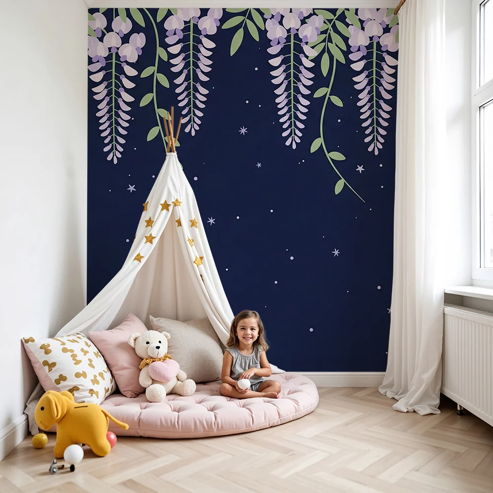 Nursery room wallpaper | Csillagos lila virágok éjszakai háttéren