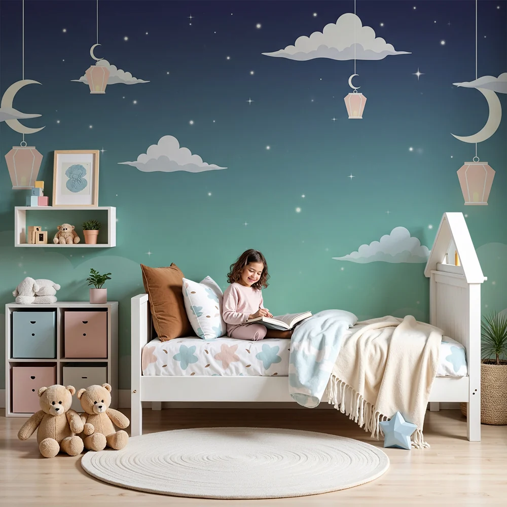 Nursery room wallpaper | Csillagos ég lámpásokkal és puha felhőkkel