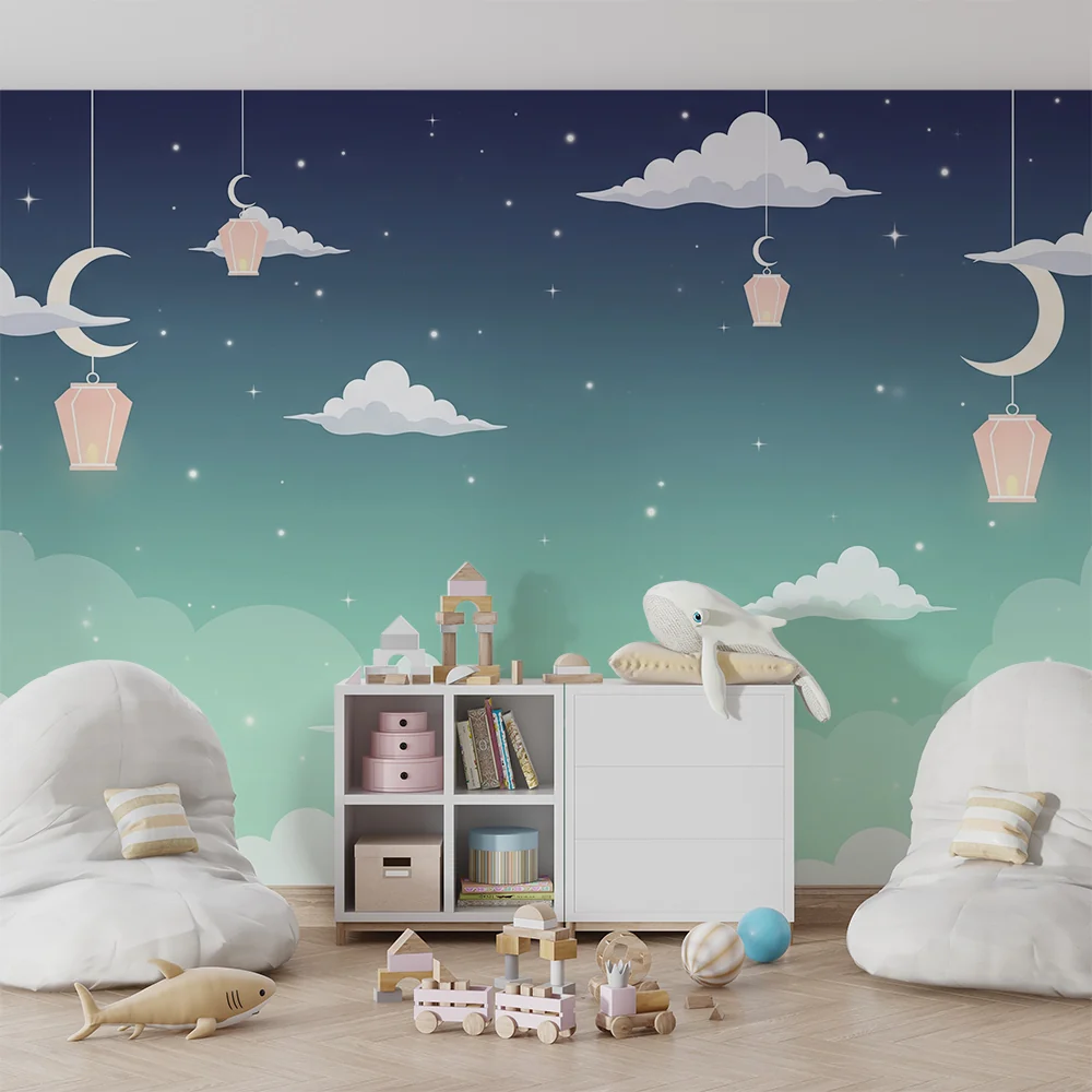 Nursery room wallpaper | Csillagos ég lámpásokkal és puha felhőkkel