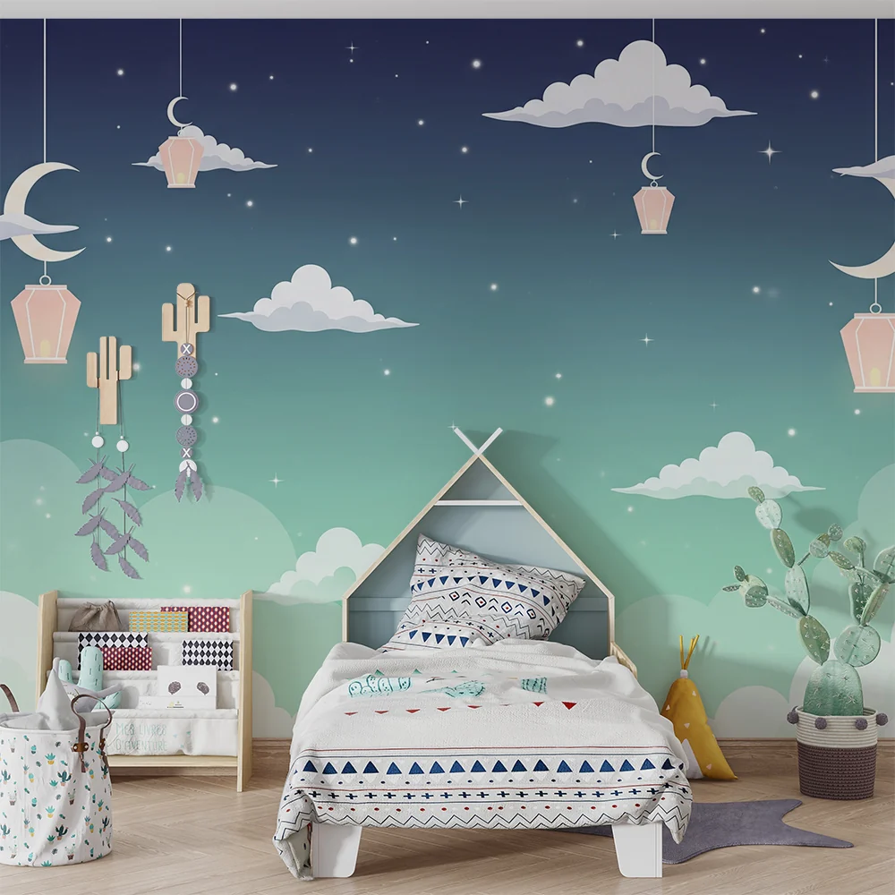 Nursery room wallpaper | Csillagos ég lámpásokkal és puha felhőkkel