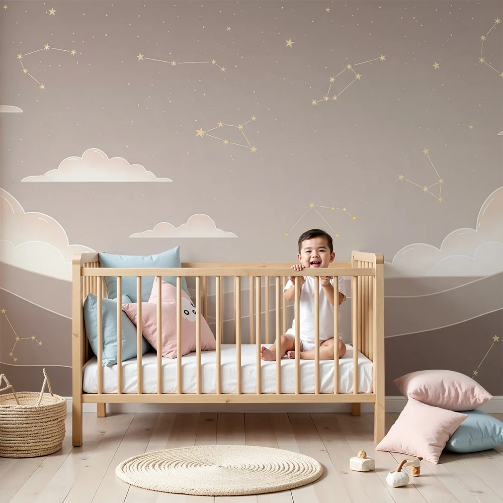 Nursery room wallpaper | Csillagos ég és puha felhők