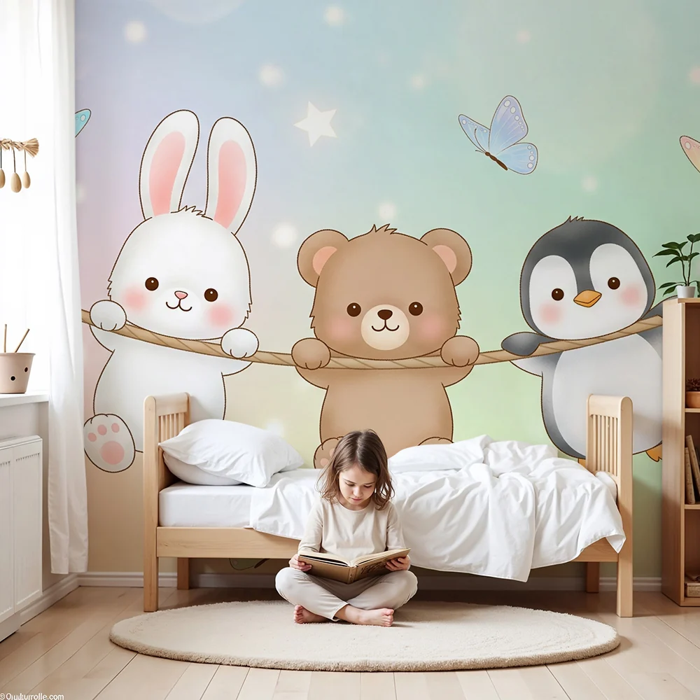 Nursery room wallpaper | Cuki állatok lebegő pillangókkal