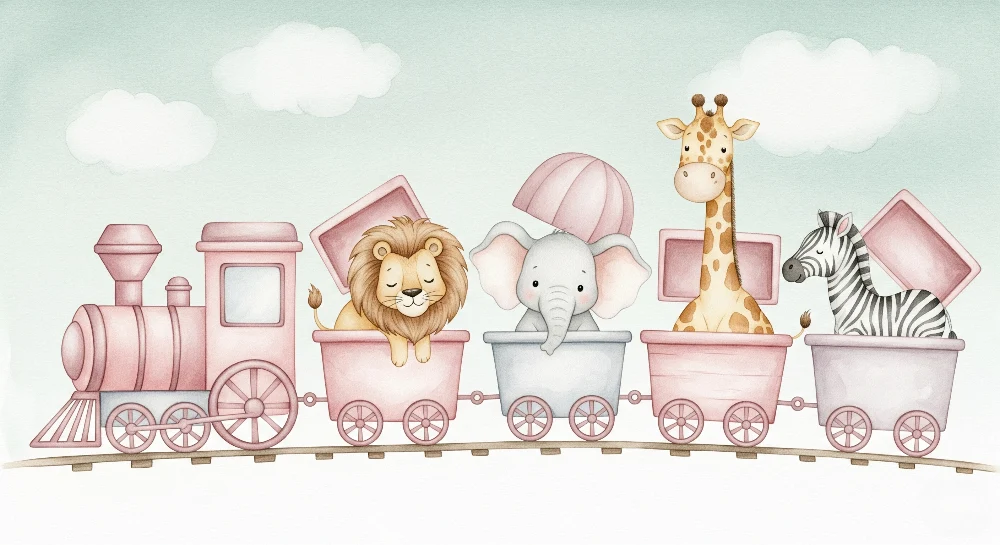 Nursery room wallpaper | Cuki állatok vonata