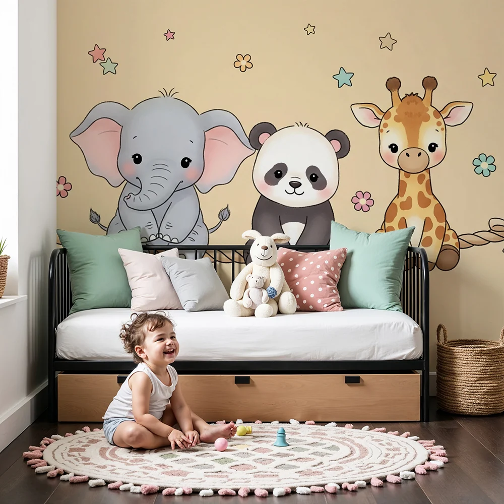 Nursery room wallpaper | Cute animals on beige background rope