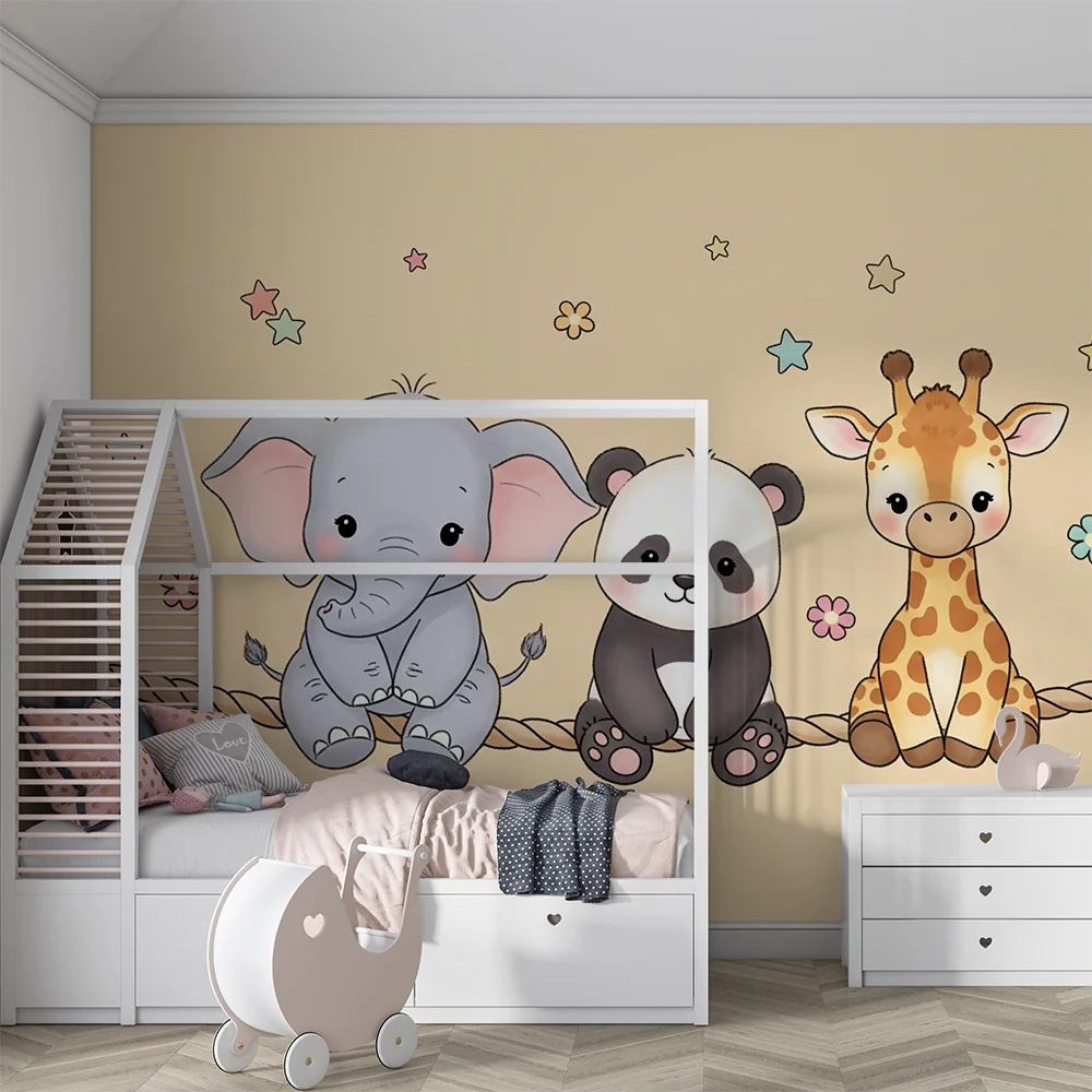 Nursery room wallpaper | Cute animals on beige background rope