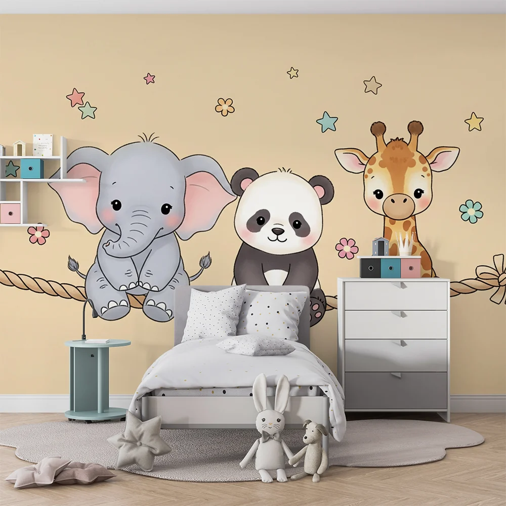 Nursery room wallpaper | Cute animals on beige background rope