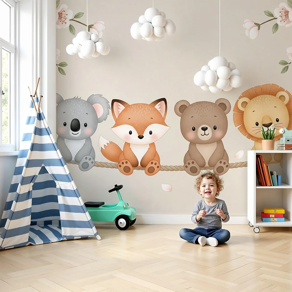 Nursery room wallpaper | Cute animals on rope and cherry blossoms